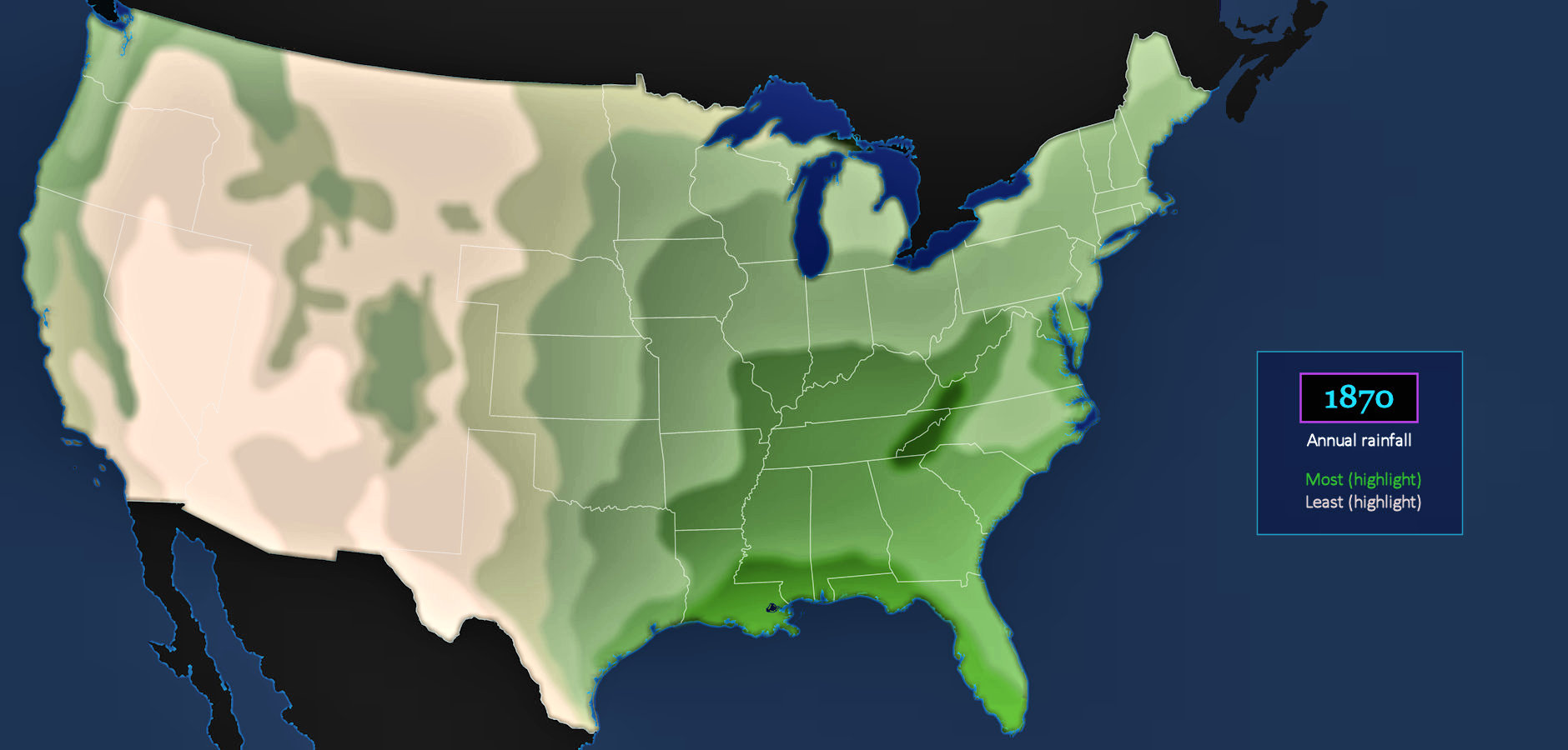 Rainfall vanishes at the Prairie, 1870 map